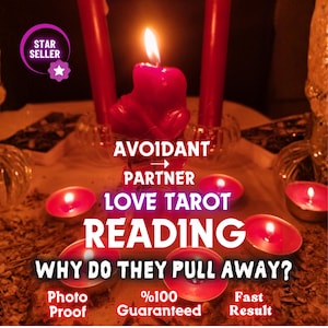 May include: A central red pillar candle with a lit flame surrounded by several small red tea light candles. The image features white text reading AVOIDANT PARTNER LOVE TAROT READING WHY DO THEY PULL AWAY? along with Photo Proof, %100 Guaranteed, and Fast Result.