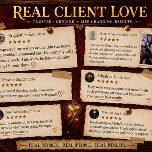 Op de afbeelding: Een donkere, getextureerde achtergrond toont de tekst REAL CLIENT LOVE en REAL STORIES. REAL PEOPLE. REAL RESULTS. Zes papieren notities met vijfsterrenbeoordelingen zijn vastgepind, met klantfeedback en data van mei tot juli 2026.