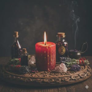 K&ouml;nnte beinhalten: Eine brennende rote Kerze mit Wachstropfen, umgeben von Apothekerflaschen, Kristallen, Kr&auml;utern und einer kleinen Schale auf einem Holztablett. Rauch steigt von der Kerze auf und erzeugt eine mystische Atmosph&auml;re. Die Szene erinnert an Rituale und Spiritualit&auml;t.