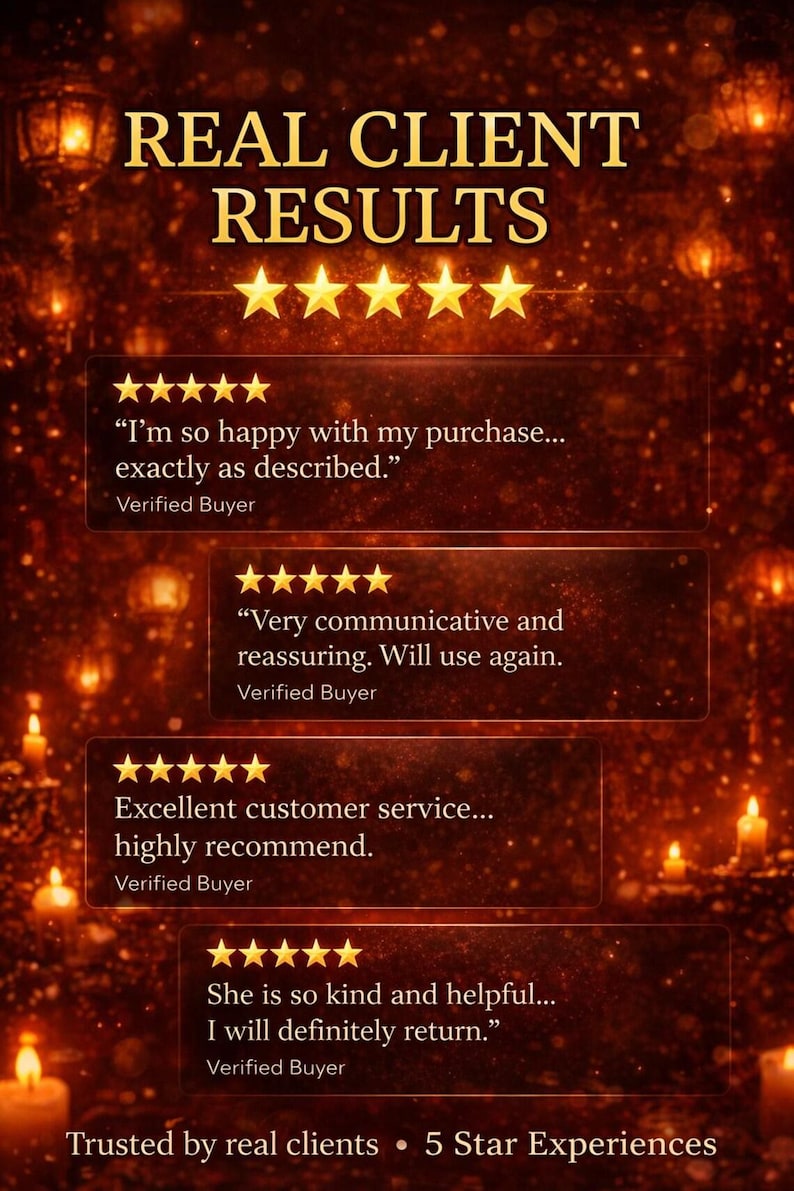 K&ouml;nnte beinhalten: Warmtoniges Bild mit Kundenbewertungen und F&uuml;nf-Sterne-Bewertungen. Der Text lautet "REAL CLIENT RESULTS" und enth&auml;lt positives Feedback von verifizierten K&auml;ufern, das Zufriedenheit und exzellenten Service hervorhebt. Der Satz "Trusted by real clients &bull; 5 Star Experiences" ist ebenfalls sichtbar.