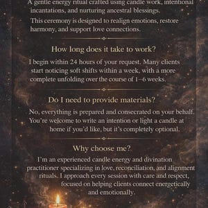 K&ouml;nnte beinhalten: Dunkles Bild mit Text "Q&A" und Informationen &uuml;ber Energiemagie. Das Bild zeigt brennende Kerzen, Kristalle und die Worte "SACRED AURA RITUALS". Der Text beschreibt den Zweck des Rituals und wie es funktioniert.