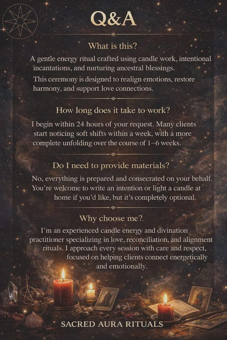 K&ouml;nnte beinhalten: Dunkles Bild mit Text "Q&A" und Informationen &uuml;ber Energiemagie. Das Bild zeigt brennende Kerzen, Kristalle und die Worte "SACRED AURA RITUALS". Der Text beschreibt den Zweck des Rituals und wie es funktioniert.
