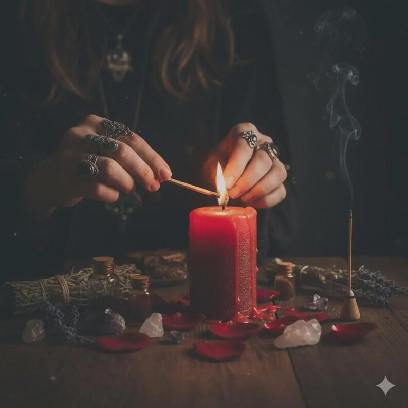 K&ouml;nnte beinhalten: Eine rote Kerze wird mit einem Streichholz angez&uuml;ndet, umgeben von Rosenbl&auml;ttern, Kristallen und kleinen Flaschen. Die Szene erinnert an ein mystisches oder spirituelles Thema, mit Rauch, der von einem R&auml;ucherst&auml;bchen aufsteigt. Die Szene spielt auf einer Holzoberfl&auml;che.