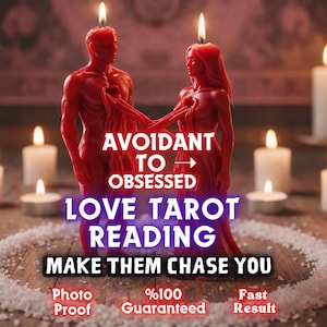 May include: Two red wax candles shaped like human figures with flames on their heads, connected by wax strands from their chests. Text reads: AVOIDANT TO OBSESSED, LOVE TAROT READING, MAKE THEM CHASE YOU, Photo Proof, %100 Guaranteed, Fast Result.