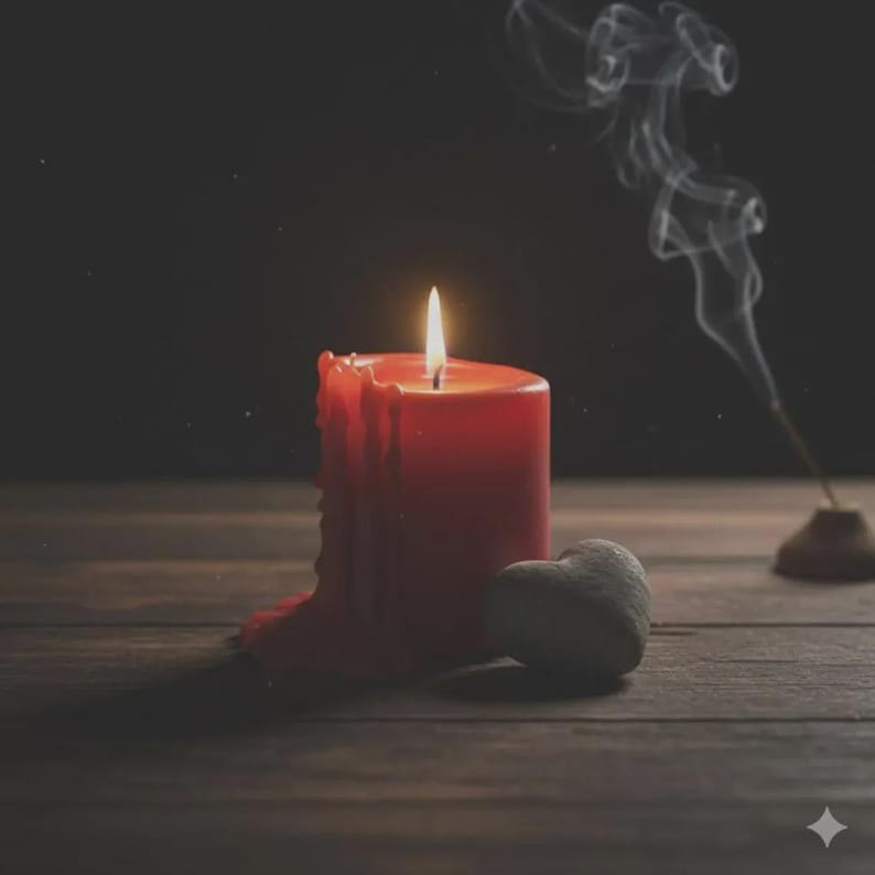 K&ouml;nnte beinhalten: Eine brennende rote Kerze mit geschmolzenem Wachs, ein herzf&ouml;rmiger Stein und Rauch von einem R&auml;ucherst&auml;bchen. Die Kerze steht auf einer Holzoberfl&auml;che und erzeugt eine warme Atmosph&auml;re.