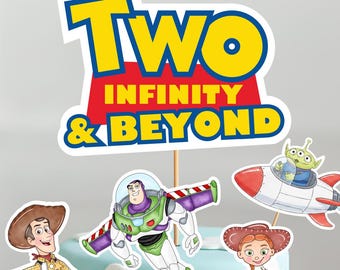 Due centrotavola a tema Infinity and Beyond, decorazioni per torte a tema Toy Story stampabili.