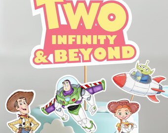 Centro de mesa para el segundo cumpleaños de una niña de Toy Story, adorno para pastel rosa con dos infinitos imprimible