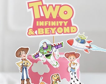 Centro de mesa para el segundo cumpleaños de una niña de Toy Story, adorno para pastel rosa con dos infinitos imprimible