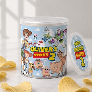 Toy Story Pringles blikverpakking, bewerkbaar canvas etiket voor chipsblik en deksel