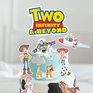 Dos centros de mesa con el símbolo del infinito, adornos para tartas de Toy Story, decoraciones imprimibles para fiestas.