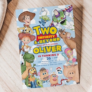 May include: A rectangular birthday invitation card featuring Toy Story characters including Woody, Buzz Lightyear, Jessie, Rex, and others against a blue sky background. The text reads Two Infinity & Beyond, please join us to celebrate Oliver is turning 2, Jan 26, 3PM, 1287 Maplewood Dr, Apt 12, Brooklyn, NY 11221, RSVP to Mom at 909-222-3333.