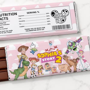 Pink Toy Story Chocolate Bar Wrapper, Editable Canva Girl Candy Bar Template