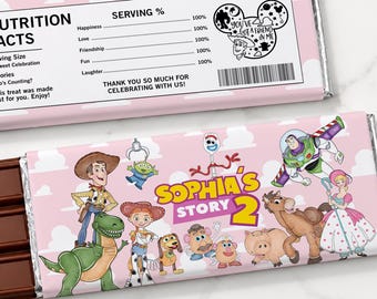 Envoltorio rosa para barra de chocolate Toy Story, plantilla editable de Canva para barra de chocolate Girl