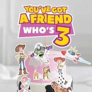 Adorno rosa para pastel de cumpleaños de Toy Story, centro de mesa "Tienes un amigo que tiene tres años"