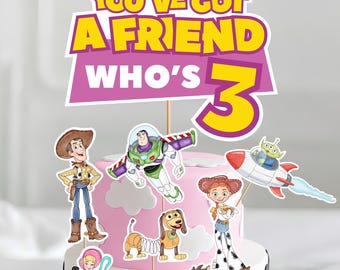 Adorno rosa para pastel de cumpleaños de Toy Story, centro de mesa "Tienes un amigo que tiene tres años"