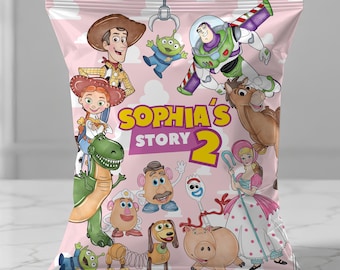 Bolsa rosa para patatas fritas de Toy Story, envoltorio editable para bolsas de regalo de Canva