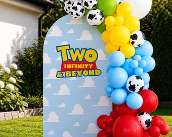 Fondo de cumpleaños "Dos infinitos y más allá", accesorio imprimible para fotos de portada de arco de Toy Story