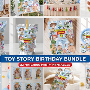 Könnte beinhalten: Ein Toy Story Geburtstagsparty-Druckset mit Woody, Buzz Lightyear und Freunden. Enthält Schilder für Snackstationen, Tütenverschlüsse, Chipstüten, Saftbeutel, Einladungen, Banner, Dankeskarten und verschiedene thematische Partyartikel.