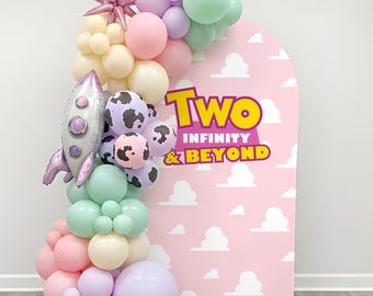 Pink Toy Story Birthday Backdrop, Two Infinity and Beyond Printable Arch Cover