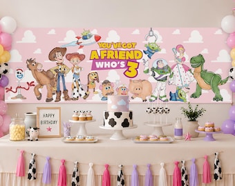 Bannière rose Toy Story pour le 3e anniversaire, « Tu as un ami qui a trois ans », arrière-plan Canva modifiable