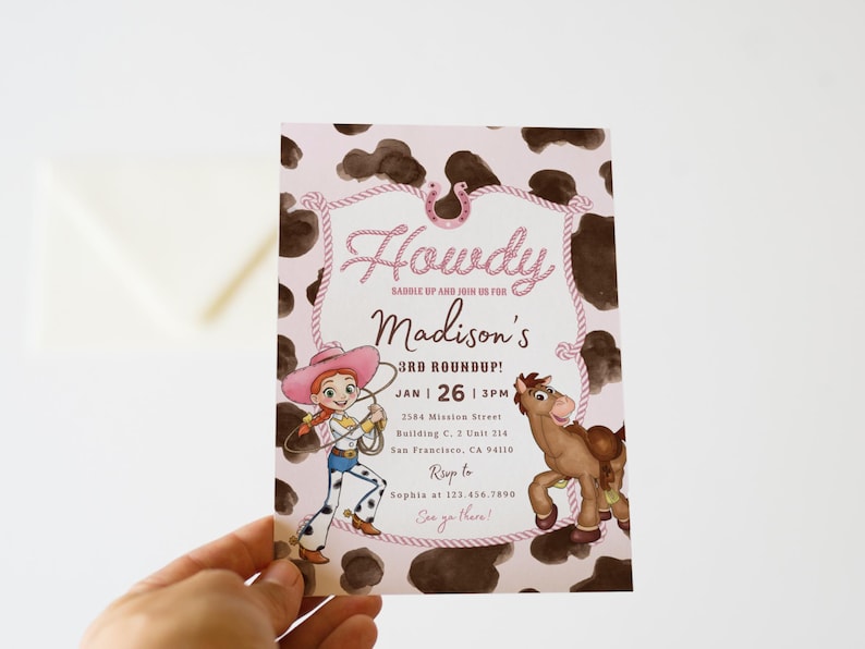 May include: A rectangular party invitation card featuring a brown and white cow print background. The text reads Howdy, Madison's 3rd Roundup, Jan 26, 3pm, 2584 Mission Street, Building C, 2 Unit 314, San Francisco, CA 94110, Rsvp to Sophia at 123.456.7890.