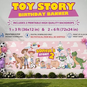 Pink Toy Story Birthday Banner, Editable Canva Backdrop, Girl Birthday Banner Printable image 2