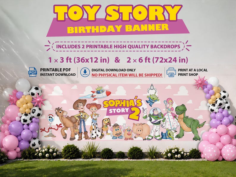 Pink Toy Story Birthday Banner, Editable Canva Backdrop, Girl Birthday Banner Printable image 2