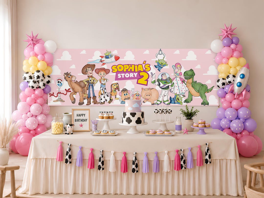 Pink Toy Story Birthday Banner, Editable Canva Backdrop, Girl Birthday Banner Printable