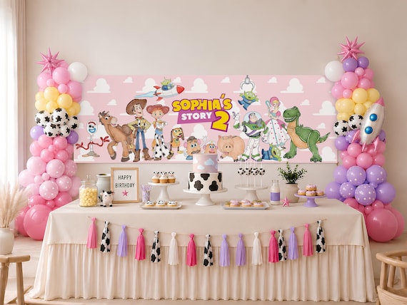 Pink Toy Story Birthday Banner, Editable Canva Backdrop, Girl Birthday Banner Printable