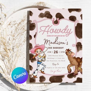 May include: A rectangular party invitation featuring a pink cow print background, a rope border, and a horseshoe. It displays the text Howdy, Madison's 3rd Roundup, Jan 26, 3pm, 2584 Mission Street, San Francisco, CA 94110, Rsvp to Sophia at 123.456.7890.