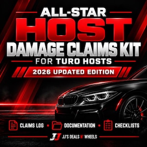 Puede incluir: Un gráfico digital titulado ALL-STAR HOST DAMAGE CLAIMS KIT FOR TURO HOSTS 2026 UPDATED EDITION. Muestra un coche negro, rayas de luz rojas e iconos para un registro de reclamaciones, documentación y listas de verificación con el texto JJ'S DEALS N' WHEELS.