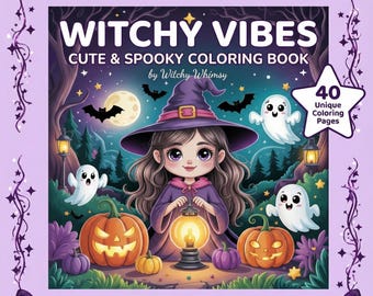 以下が含まれることがあります： 「Witchy Vibes Cute & Spooky Coloring Book」のテキストが入ったデジタルPDFぬりえ本の表紙。漫画の魔女、カボチャ、幽霊、コウモリが描かれています。表紙は紫の魔女の帽子とつるで縁取られ、「40 Unique Coloring Pages」と書かれた星型のグラフィックがあります。