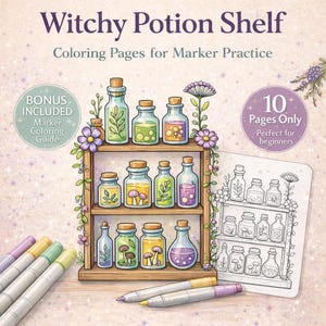 Puede incluir: Un libro para colorear titulado "Witchy Potion Shelf" con 10 páginas para practicar con rotuladores. La imagen muestra una estantería de madera con varios frascos de pociones, una guía para colorear y varios rotuladores. Los frascos contienen líquidos coloridos y están decorados con plantas y setas.