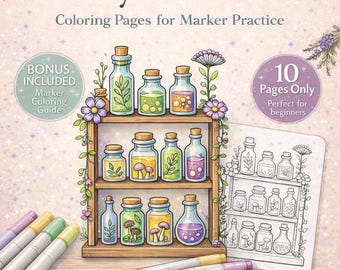 Witchy Potion Shelf Coloring Book | Marker Art (Digital Download)