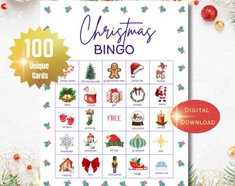 May include: A Christmas Bingo game card featuring a grid of holiday icons including a gingerbread man, Santa hat, reindeer, bells, cocoa, gift, wreath, Santa, mittens, stocking, snow globe, candle, snowflake, snowman, elf hat, ornament, star, nativity, bow, nutcracker, sleigh, and winter hat.