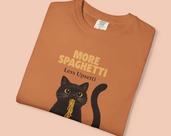 Camiseta "Más espaguetis, menos tonterías", camiseta divertida de gato, camiseta de pasta adorable, idea de regalo para amantes de los gatos.