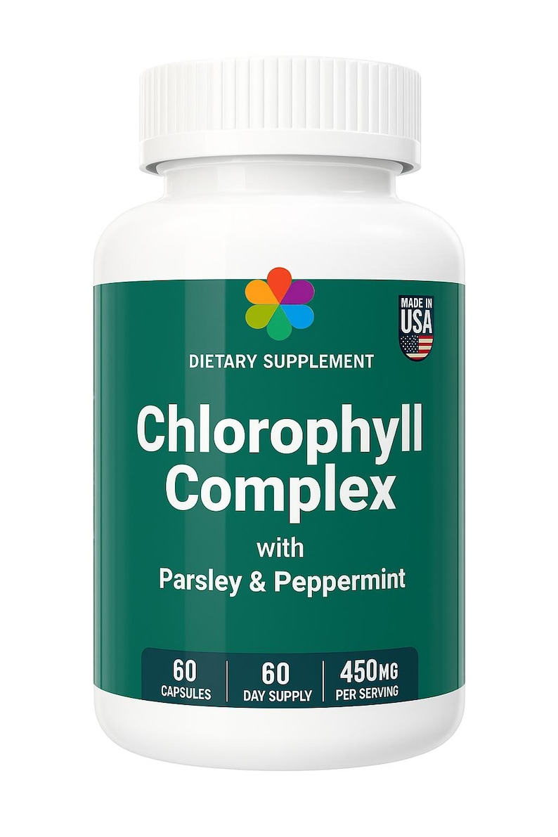 Puede incluir: Una botella blanca de suplemento diet&eacute;tico Chlorophyll Complex. La etiqueta verde tiene la inscripci&oacute;n "Parsley & Peppermint". Contiene 60 c&aacute;psulas, un suministro para 60 d&iacute;as y 450 mg por porci&oacute;n. Hecho en EE. UU.