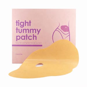 May include: A package of "tight tummy patch" with a light orange patch in front. The package is pink with purple text and a graphic of a torso. The text on the package says "tone, firm and tighten the skin you're in" and "5 patches."
