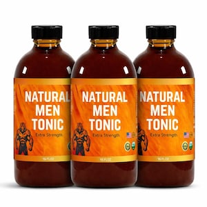 May include: Three brown bottles with black caps, each labeled "NATURAL MEN TONIC" in white text on an orange background. The label also features a muscular figure and the text "Extra Strength". Each bottle contains 16 fl oz.
