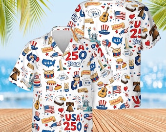 Camisa hawaiana del 250.º aniversario de EE. UU., con botones patrióticos y estampado de celebración de la libertad.