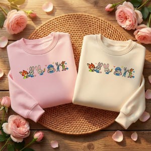 以下が含まれることがあります： ピンクとクリーム色の2枚のクルーネックのスウェットシャツ。それぞれにカラフルな漫画のキャラクターのデザインが刺繍されています。スウェットシャツは、ピンクのバラの花と花びらに囲まれた織りのマットの上に展示されています。