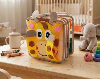 Libro de fieltro 3D con tablero de actividades de jirafa Montessori para el desarrollo de hábitos de aprendizaje temprano, juguete sensorial Montessori de jirafa para niños pequeños.