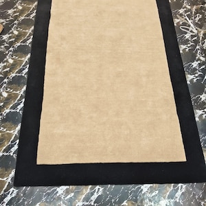 Hand Tufted Wool Rug | Beige Black Border Area Carpet | Modern Minimalist Living Room