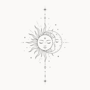 Può includere: Illustrazione in bianco e nero del sole e della luna con gli occhi chiusi, circondati da stelle e forme geometriche. Il sole ha linee radianti e la luna è a forma di mezzaluna. Il design è simmetrico e a tema celeste.