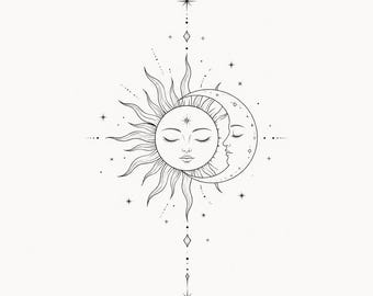Celestial Sun and Moon Tattoo • Fine Line Tattoo Design • Minimalist Cosmic Tattoo • Boho Moon Sun Art • Delicate Spiritual Tattoo PNG PDF