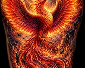 Phoenix Rising From Ashes Tattoo Design | Full Back or Sleeve Tattoo | Fiery Mythical Bird Art | Printable Tattoo Flash PDF PNG
