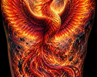 Diseño de tatuaje de fénix resurgiendo de las cenizas / Tatuaje de espalda completa o manga / Arte de ave mítica de fuego / Flash de tatuaje imprimible en PDF PNG