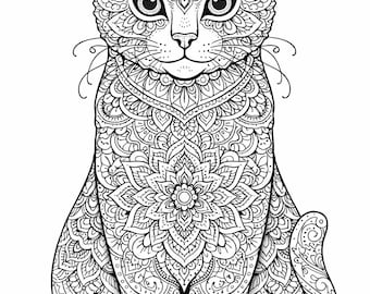 Afdrukbare kattenmandala kleurplaat | Kleurplaat voor volwassenen | Ingewikkelde dierenmandala | Direct downloaden