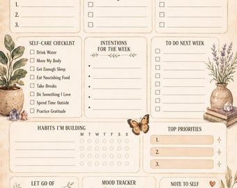 Boho Weekly Reset Planner Printable | Self Care & Wellness Journal Page ...