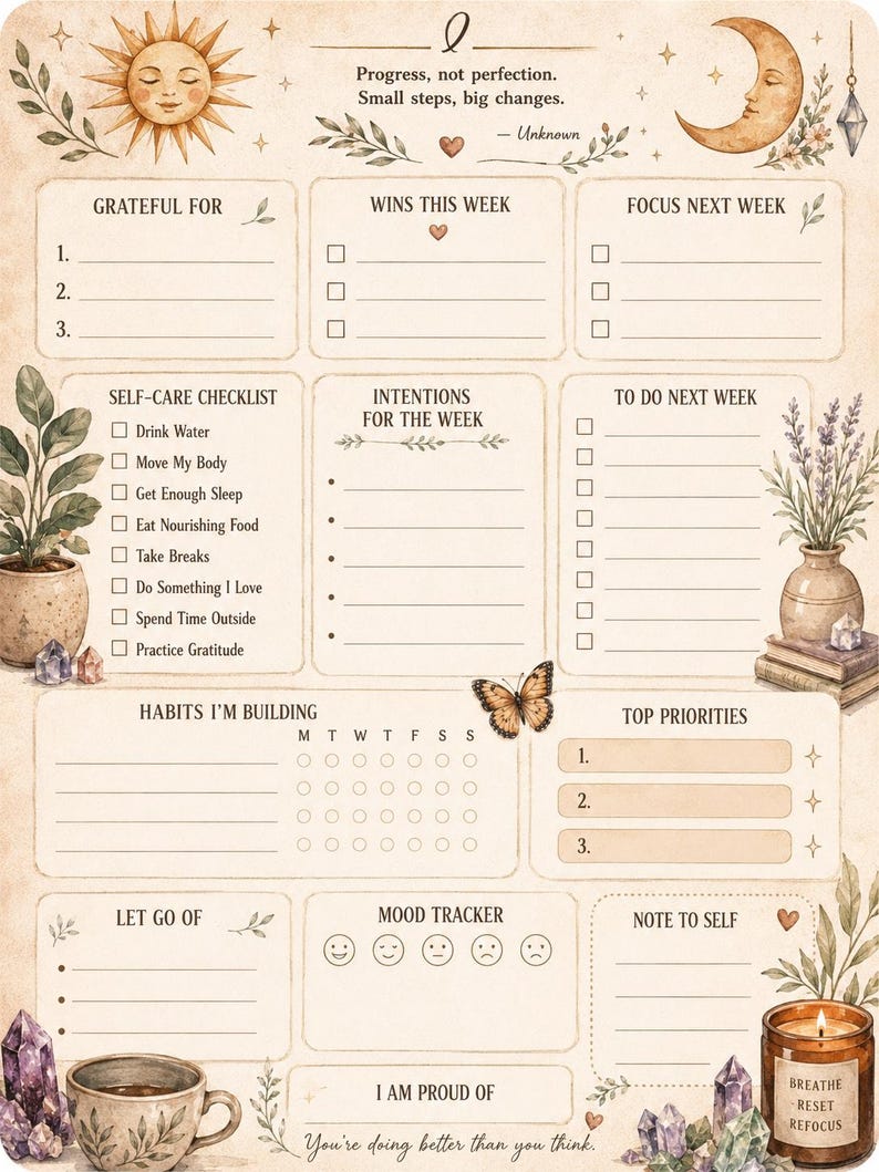 Boho Weekly Reset Planner Printable | Self Care & Wellness Journal ...